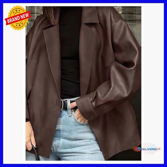 Faux Leather Blazer Jacket Oversized Business Work Open Front Lapel Collar - Picture 4 of 4